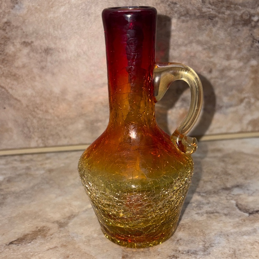 Vintage Crackle Glass Mini Pitcher Amberina Red and Yellow